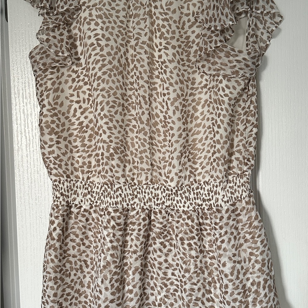 Express Leopard Print Smocked Waist, Fluttered Sleeve Dress